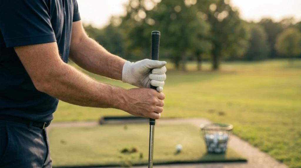 Golfer setting a 10 Finger Grip on a 7-iron with hands close together