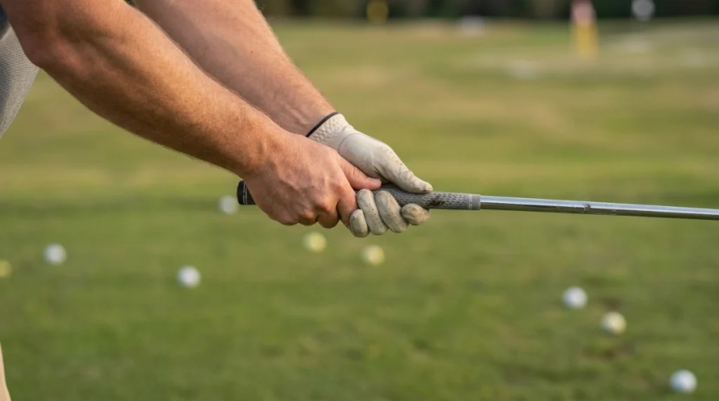 Golfer testing moderate grip pressure on an iron while keeping wrists and forearms relaxed.
