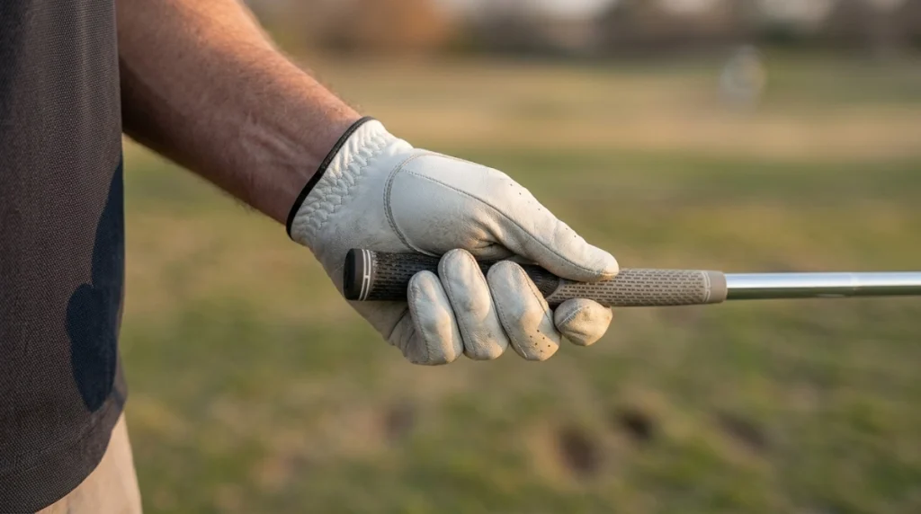Close-up showing proper lead hand grip placement across the fingers on a golf club
