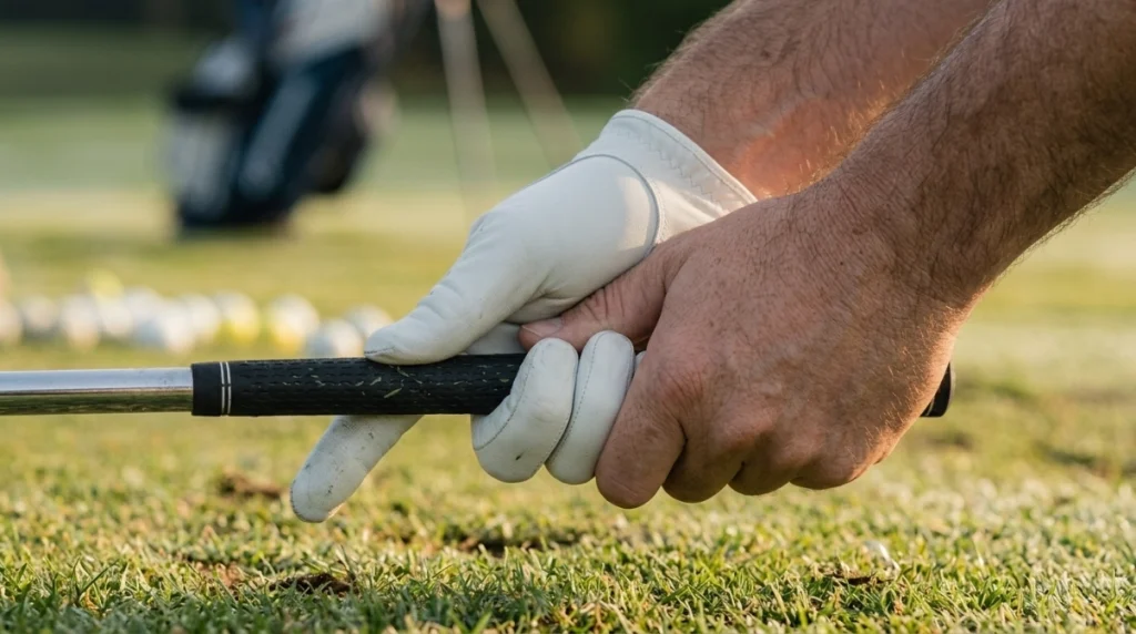 Close-up showing correct trail hand grip with fingers around the golf club