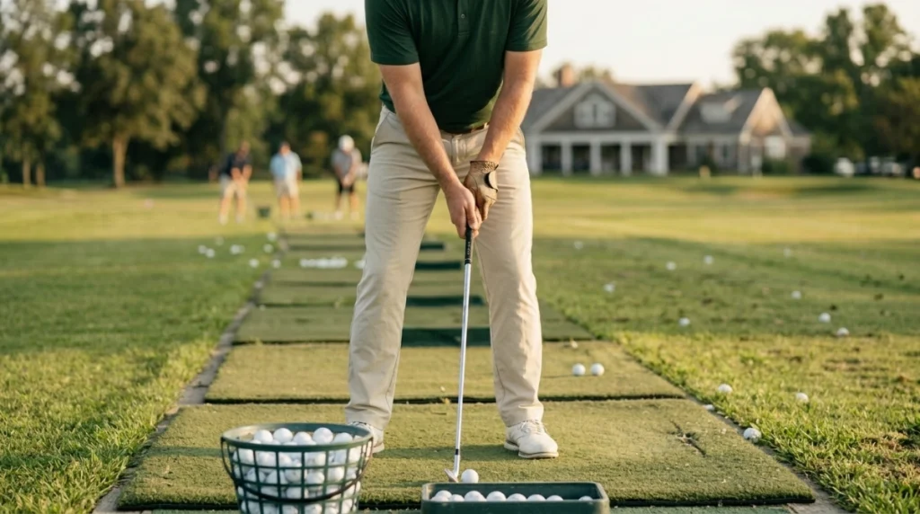 Golfer relaxing grip pressure and forearm tension while practicing a small waggle with an iron.