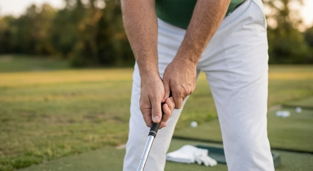 Grip Drill 1 golfer placing lead and trail hands on an iron before practicing short swings.