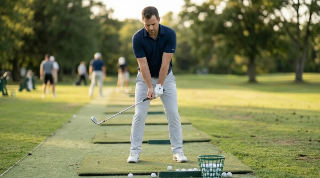 Golfer performing Grip Drill 2 with trail hand lowered on a 7-iron.