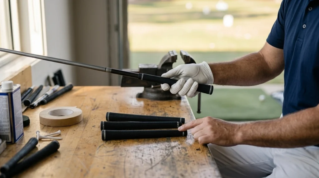 Golfer comparing undersize, standard, midsize and jumbo Grip for Drivers options at a fitting bench.