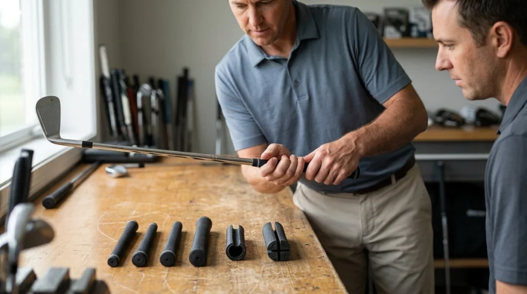 Grip for Irons fitting with golfer checking finger contact and comparing four grip diameters