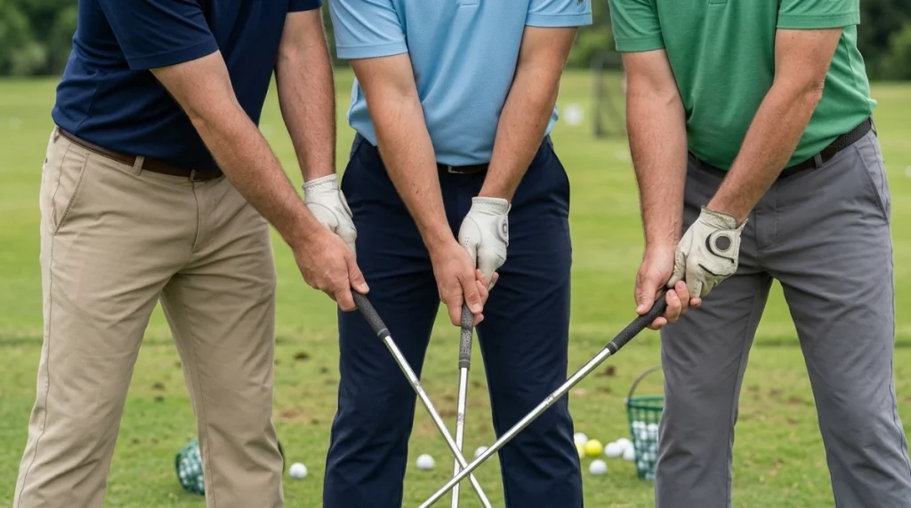 Grip FAQ image comparing overlap, interlock, and ten-finger hand positions on golf clubs