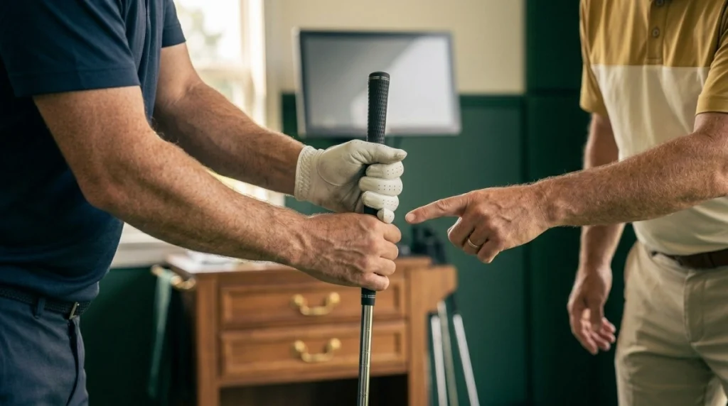 Instructor correcting hand separation and pressure in a golfer's 10 Finger Grip