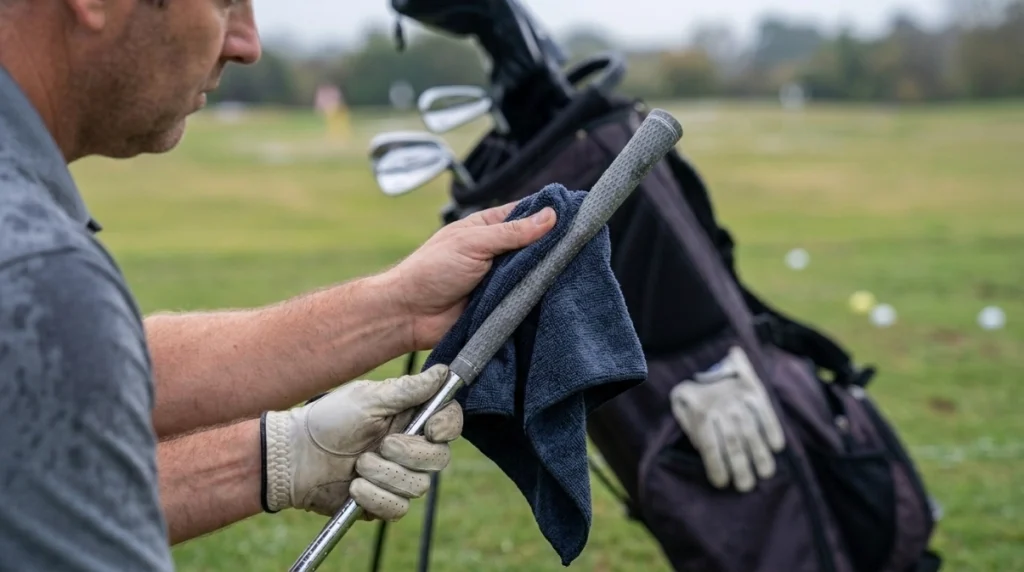 Golfer drying a wet club grip and glove to maintain secure grip pressure in rainy conditions.