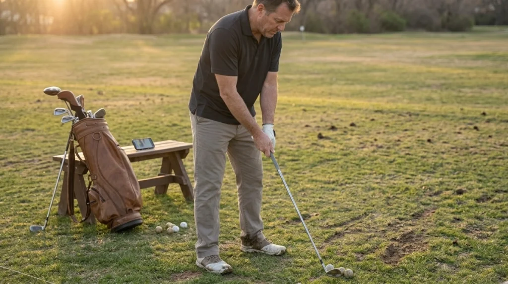 Golfer practicing lead hand grip setup with a wedge and controlled half swings