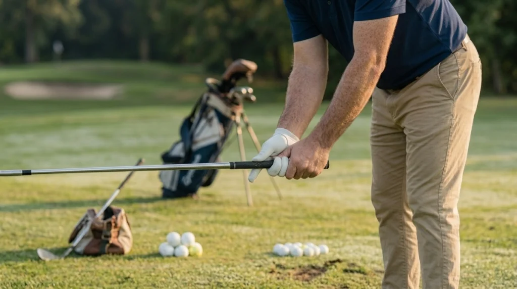 Golfer rehearsing a trail hand grip at a short-game area before hitting controlled practice shots