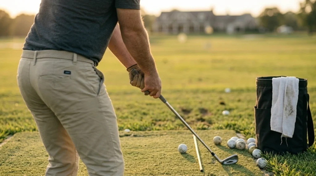 Golfer rebuilding lead and trail hand positions during a structured golf grip reset routine.