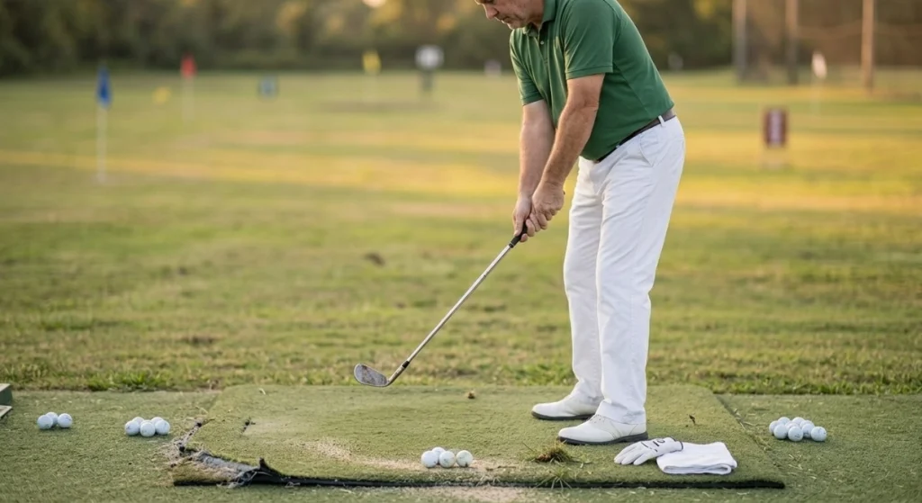 Grip Drill 1 practice session using grip repetitions, rehearsal swings, and short golf shots.