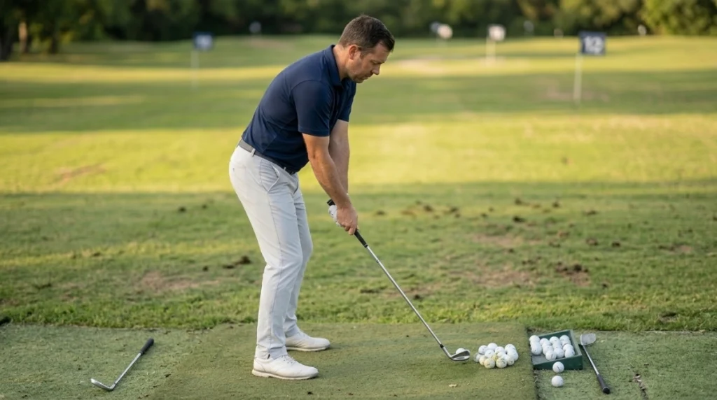 Golfer practicing Grip Drill 2 in a structured 15-ball driving-range routine.
