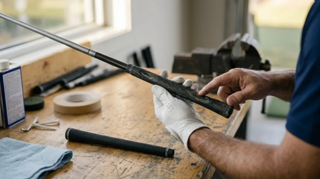 Worn Grip for Drivers showing slick patches, cracks and hardened rubber before replacement.