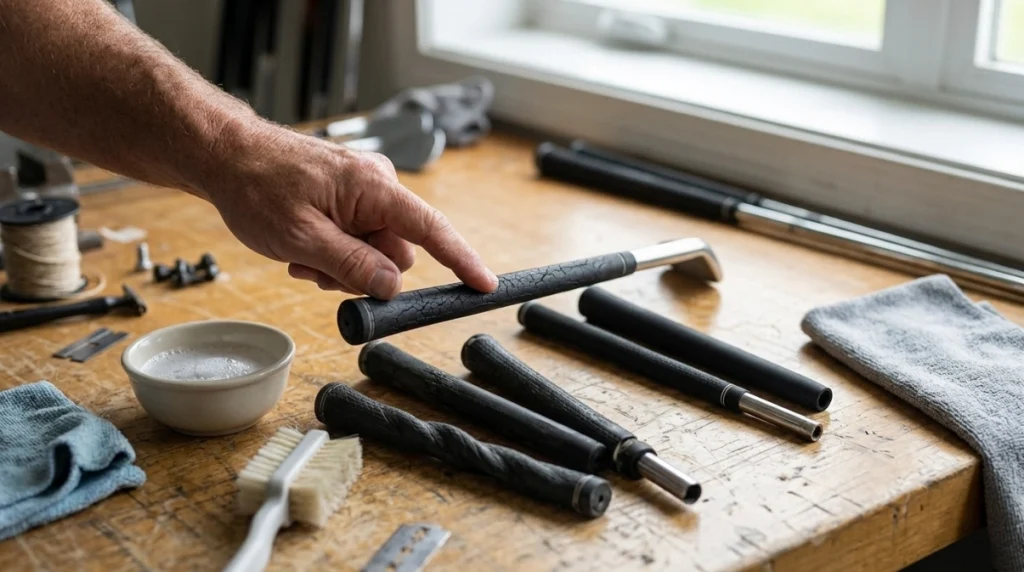 Grip for Irons with cracked, slick, worn grips beside mild soap, brush, and drying cloth
