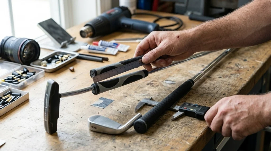 Grip FAQ photo showing golf club grips being measured for equipment-rule compliance