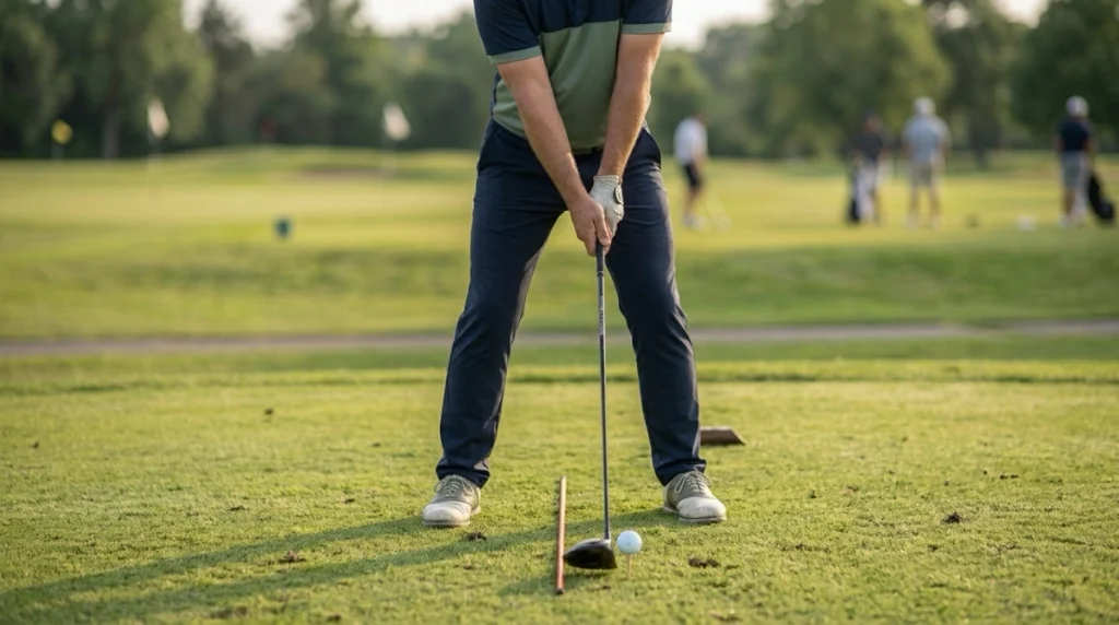 Ball Position Driver setup with the teed ball just inside a right-handed golfer's lead heel