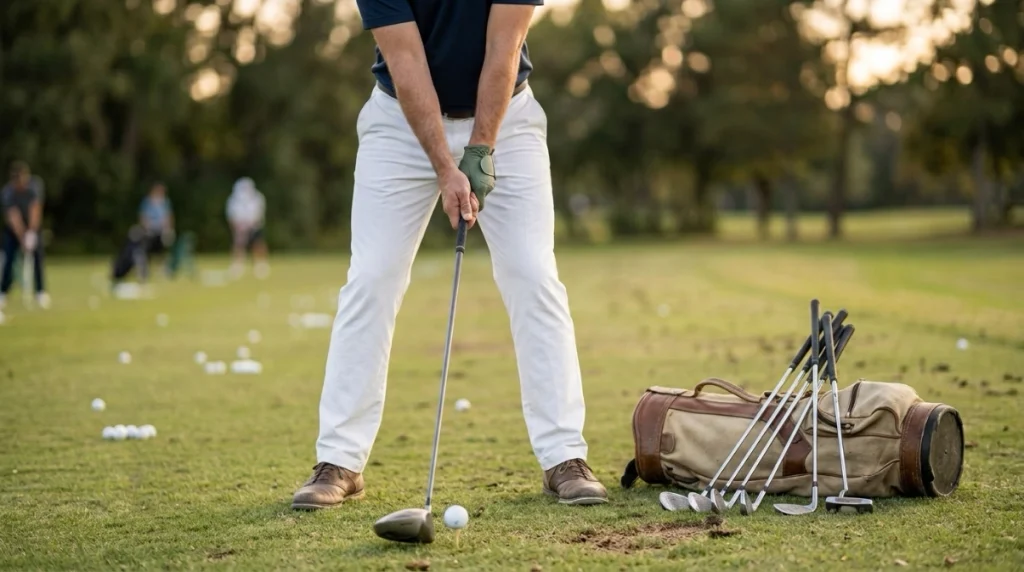 Golfer using wider Foot Position with driver while shorter clubs rest beside the practice area