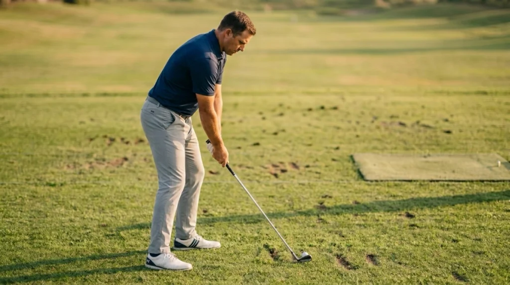 Golfer showing balanced Weight Distribution at address with a mid-iron on a practice range.