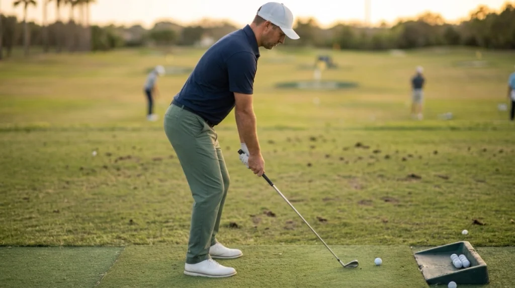 Golfer practicing Posture Basics with hip hinge, slight knee flex, relaxed arms, and balanced feet