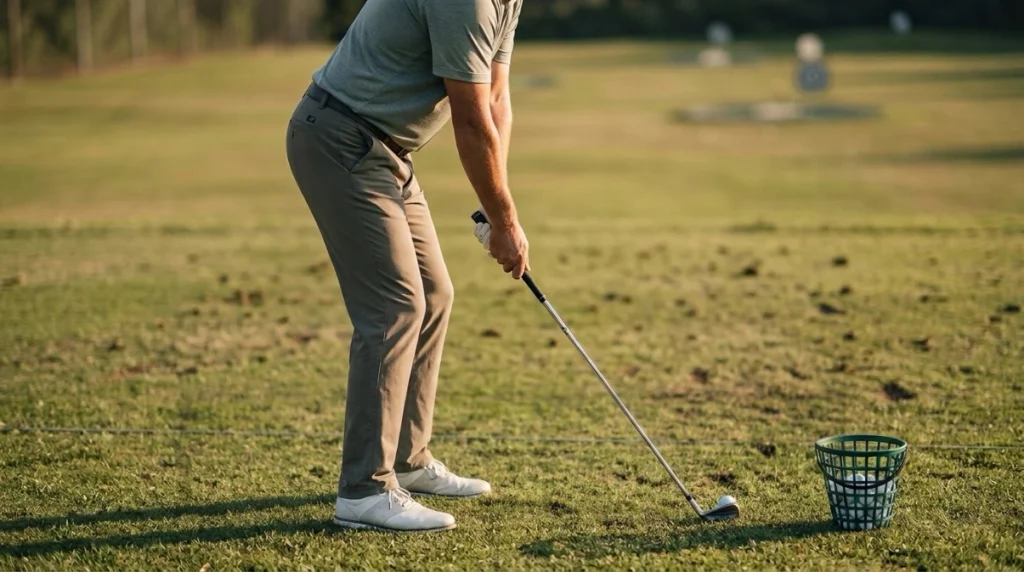 Golfer showing proper spine angle at address with hip hinge, soft knees, and relaxed arms.