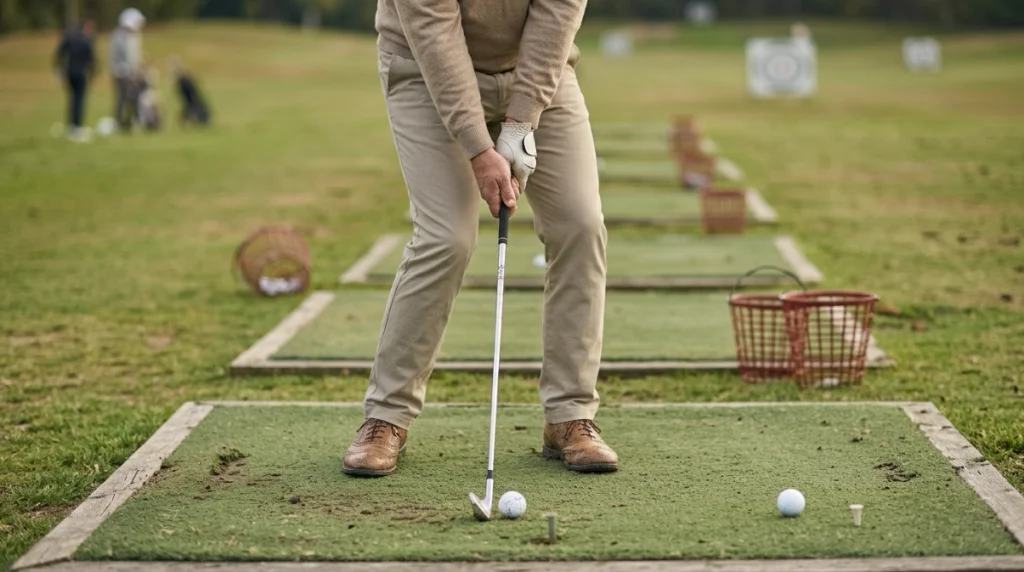Golfer checking Distance From Ball to avoid standing too close or reaching too far.