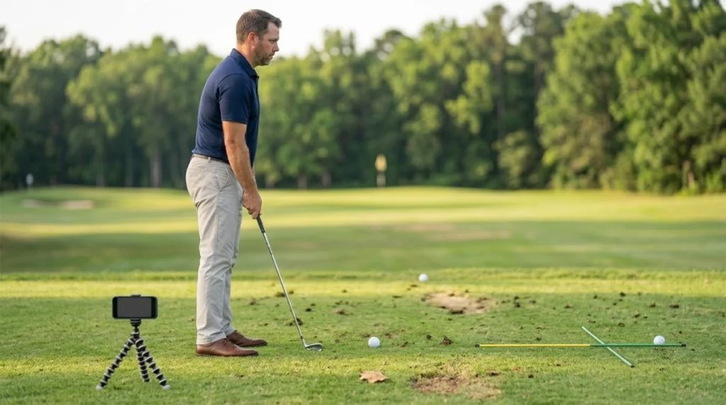 Golfer using alignment sticks and phone video while practicing a repeatable pre-shot setup routine