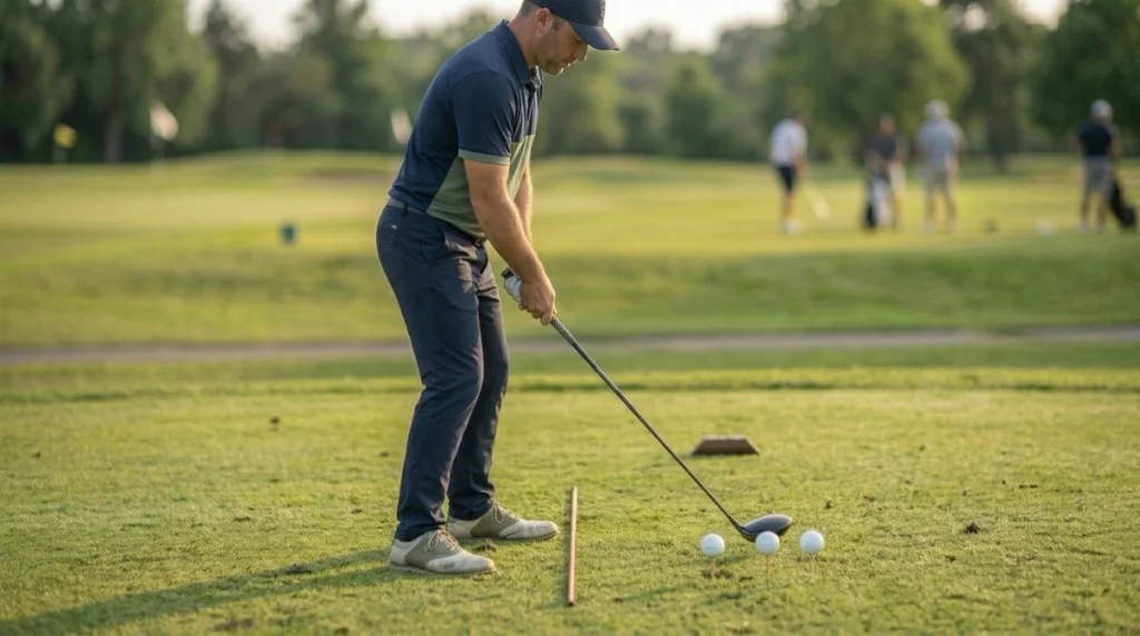 Golfer testing small Ball Position Driver changes from a lead-heel baseline on a tee box