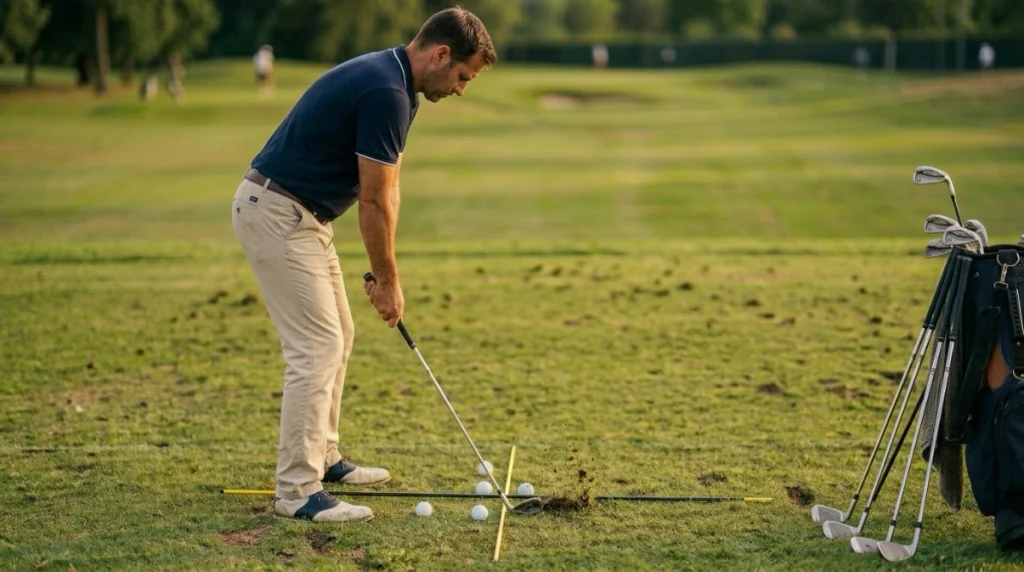 Golfer practicing Ball Position Irons using alignment sticks and 9, 7, and 5 irons