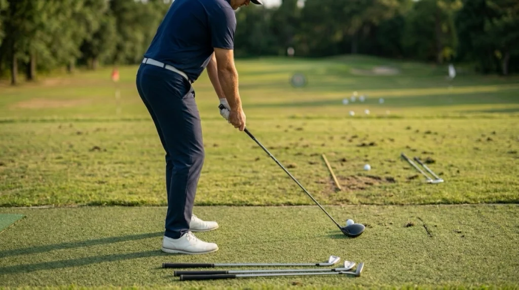 Golfer comparing shoulder alignment with driver, iron, wedge, and putter during practice.
