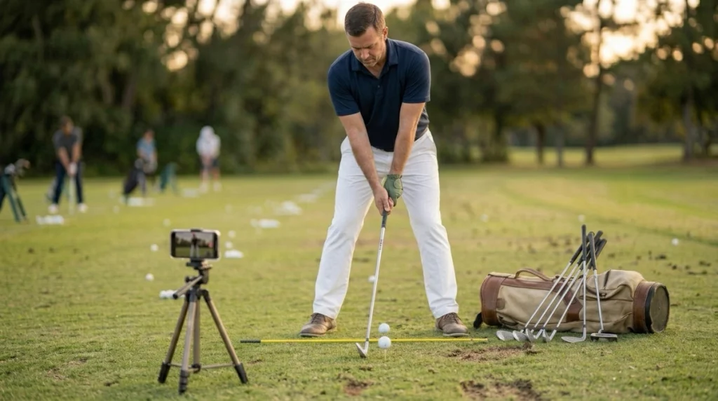 Golfer recording Foot Position and stance alignment during a three-ball practice drill