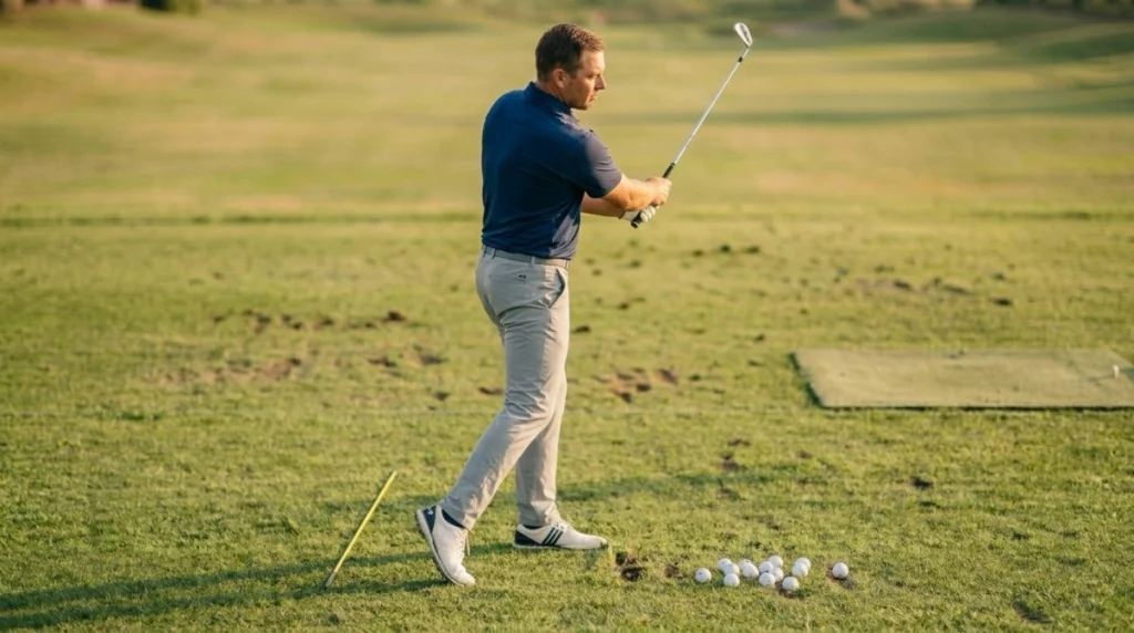 Golfer performing a step-through drill to improve Weight Distribution and lead-side balance.