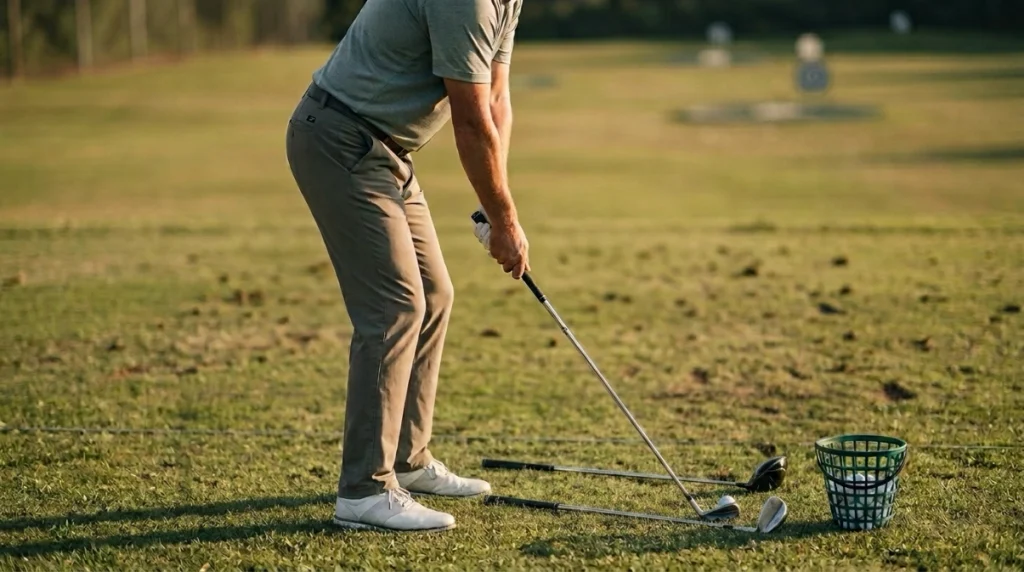 Golfer with driver, 7-iron, and wedge illustrating how spine angle changes by club length.