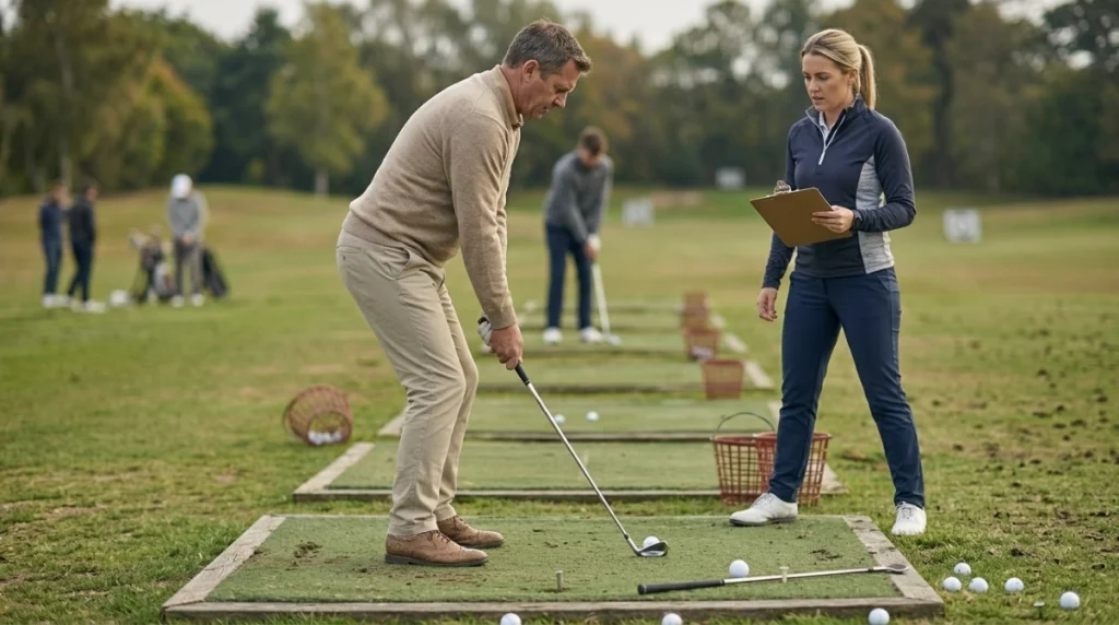 Golfer demonstrating setup mistakes that alter Distance From Ball, posture, balance, and reach.