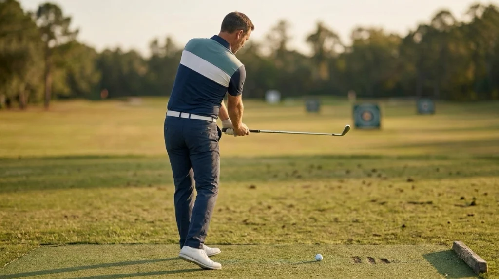 Golfer paused halfway back to check golf takeaway hand path, clubface, turn, and balance.