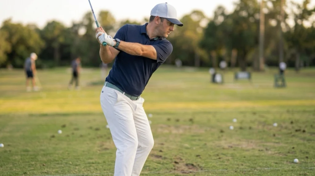 Golfer gradually hinging wrists as the lead arm moves toward parallel during the backswing