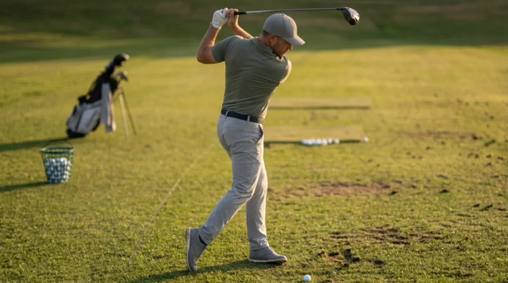 Right-handed golfer rotating the trail hip behind while maintaining posture in the backswing.