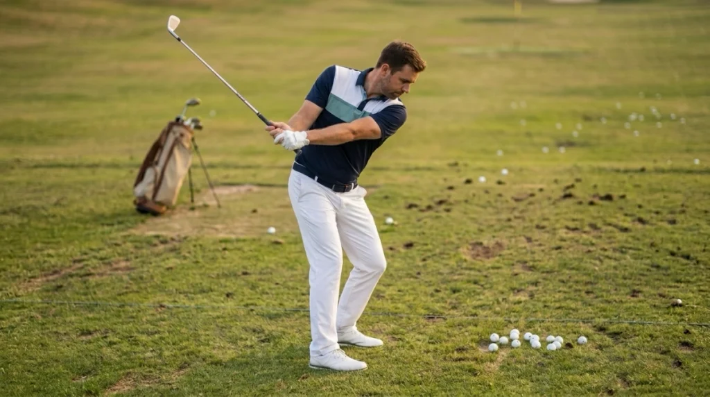 Golfer using balanced posture and connected torso rotation to improve shoulder turn in golf.