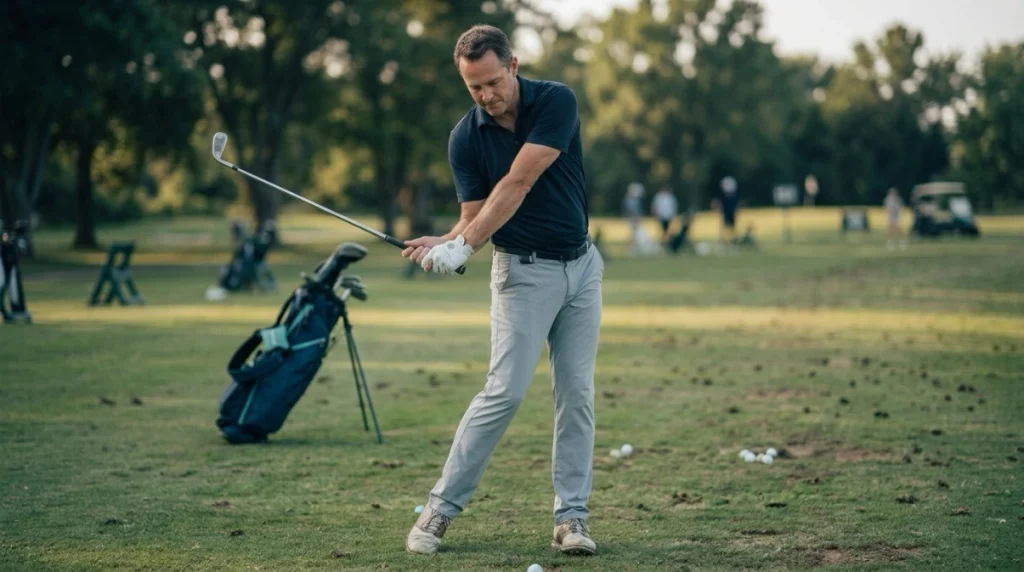 Golfer demonstrating functional backswing width with natural arm extension, torso rotation, and balanced posture.