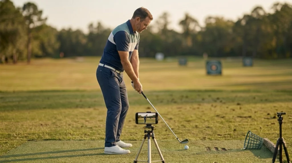 Golfer recording a golf takeaway from down the line to review setup, clubface, and coordination.