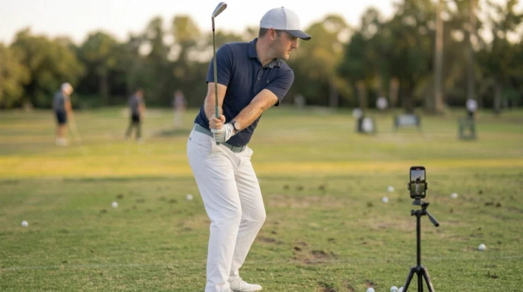 Golfer practicing a half-swing L drill to improve wrist hinge and controlled release