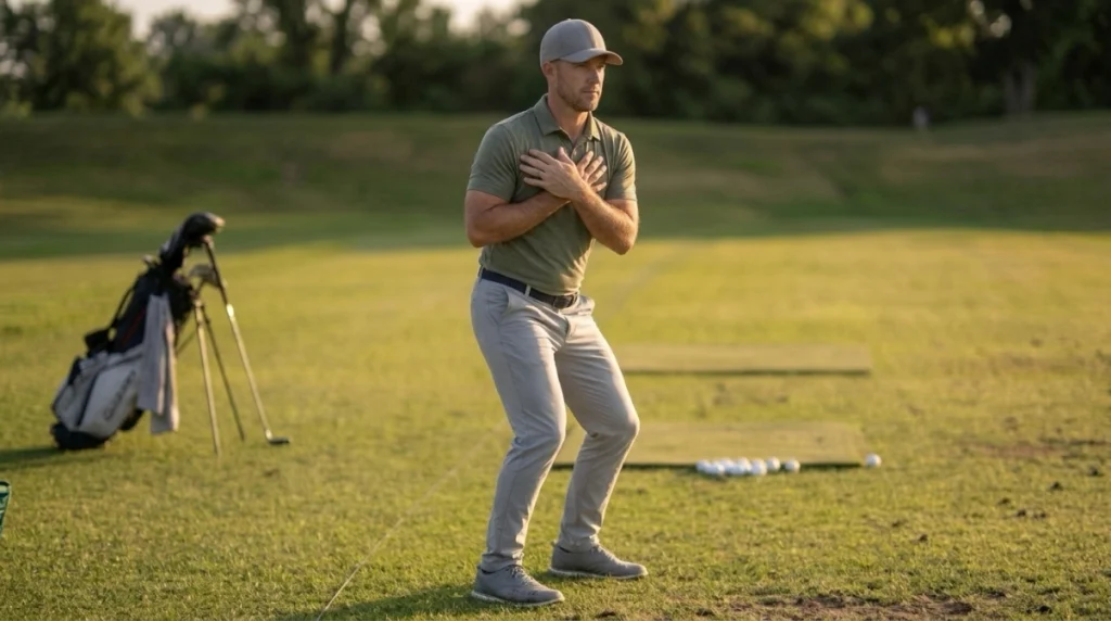 Golfer performing a controlled hip mobility exercise beside an outdoor practice range.