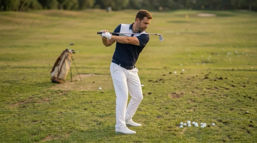 Golfer warming up shoulders, torso, and hips before practicing a controlled golf shoulder turn.