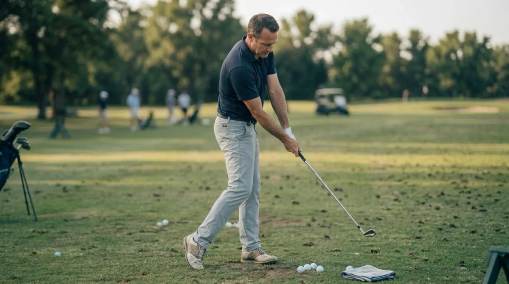 Golfer practicing a split-hand drill with a mid-iron to improve backswing width and coordination.
