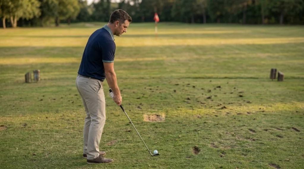 Golfer following a reliable pre-shot aim routine before committing to a fairway shot