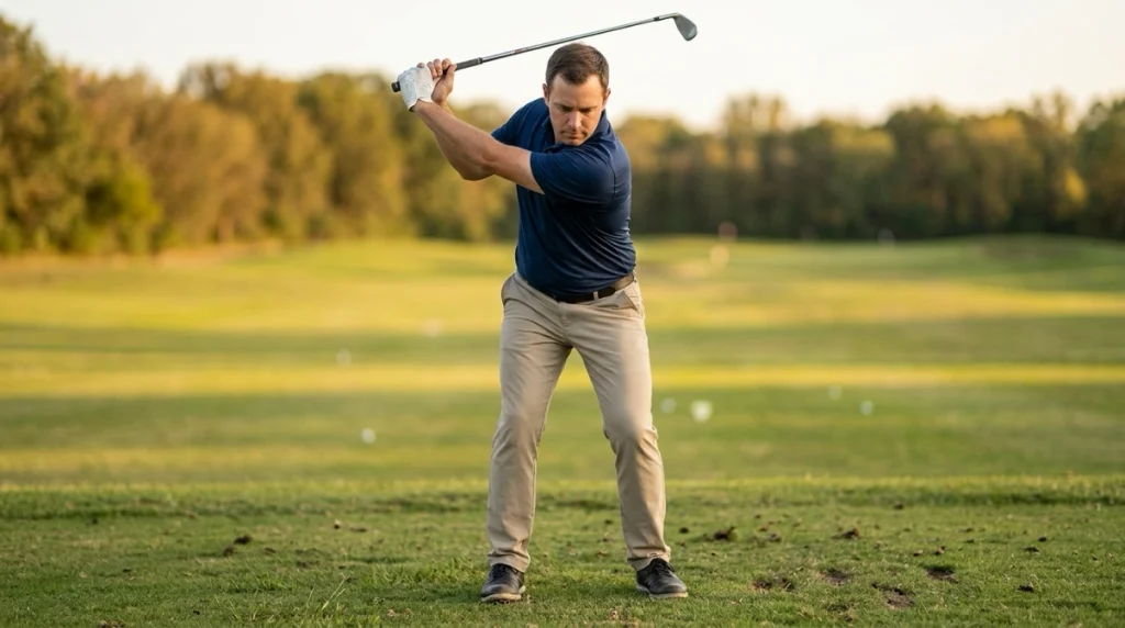 Golfer showing balanced Top of Backswing with body rotation and controlled trail-foot pressure
