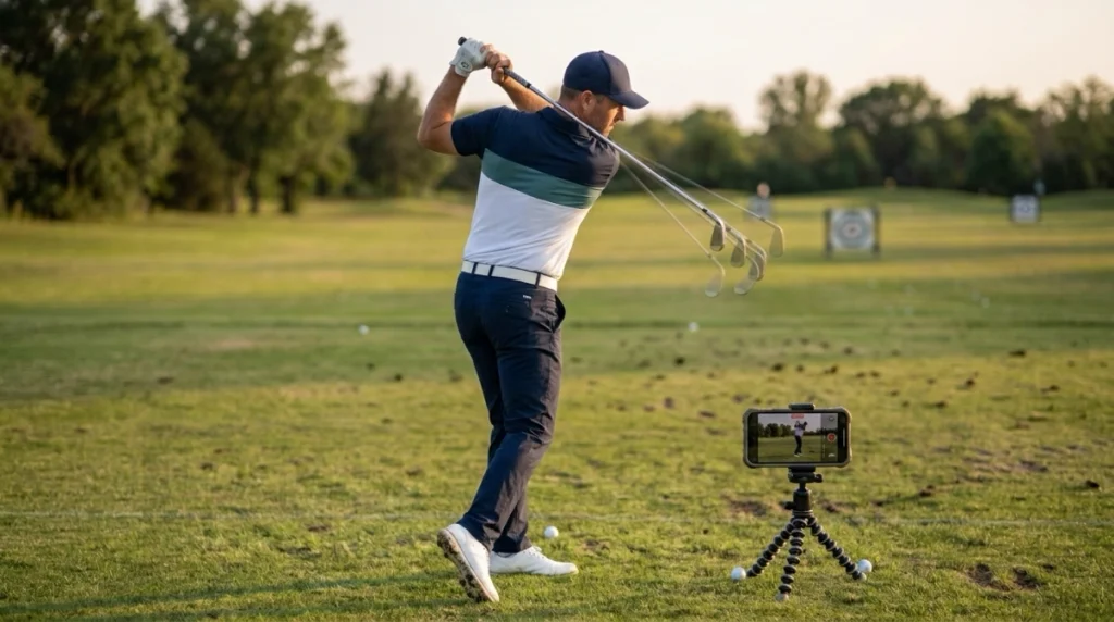 Golfer recording backswing tempo on a driving range to study smooth 3-to-1 swing rhythm