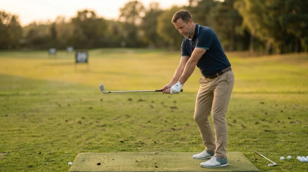 Golfer using backswing drills with a club-across-chest turn exercise on a practice range.
