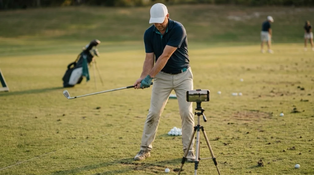 Golfer recording backswing mistakes from down the line to check an inside takeaway.
