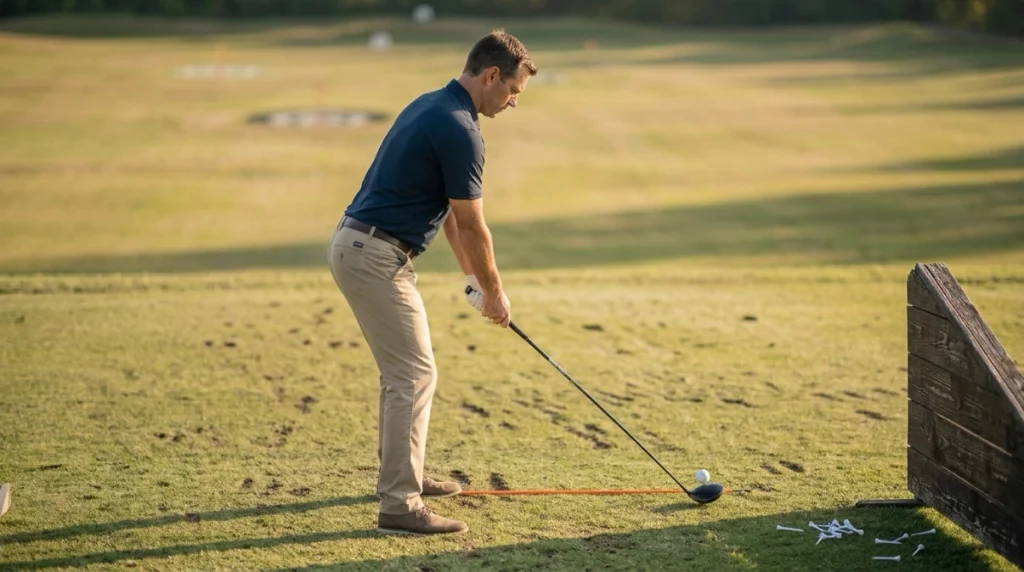 Golfer setting up for a backswing for driver with forward ball position and athletic posture.